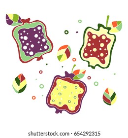 Set of vector hand drawn childish juicy, fruits. Cute childlike pomegranate with leaves, seeds, drops. Doodle, sketch, cartoon style. Graphic illustration