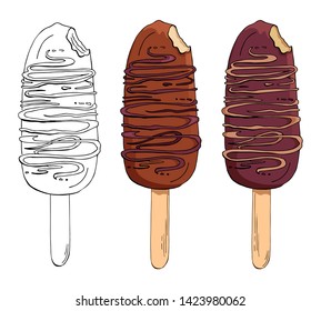 Set of vector hand drawn chocolate ice creams. Eskimo pie isolated on white background. Colored and Contour Images. Ice lolly. Popsicle cake. Chocolate-coated cake with boiled condensed milk