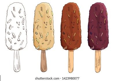 Set of vector hand drawn chocolate chip ice cream. Eskimo pie isolated on white background. Colored and Contour Images. Ice lolly. Chocolate-coated ice cream with nuts, caramel, waffles, cornflakes