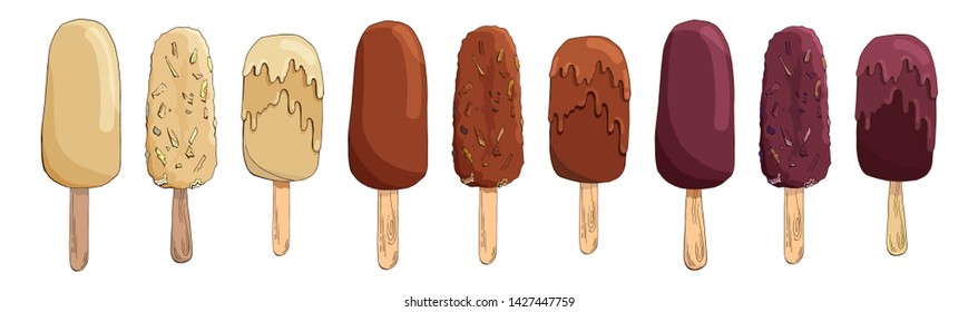 Set of vector hand drawn chocolate ice creams. Eskimo pie isolated on white background. Vector elements for restaurant, bar, cafe, menu, ice cream or sweet shop