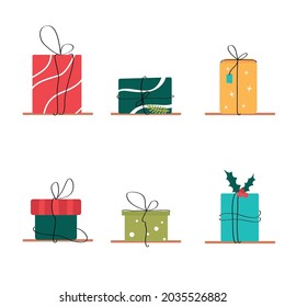 Set of vector hand drawn Christmas giftboxes. New year concept. Gift elements.