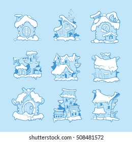 Set of vector hand drawn christmas or winter houses with snow roof. Blue Pictures isolate on blue background
