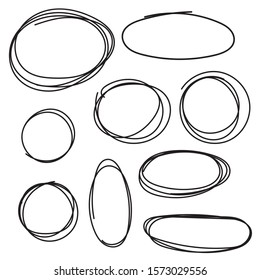 Set of vector hand drawn circles using sketch drawing scribble circle lines.