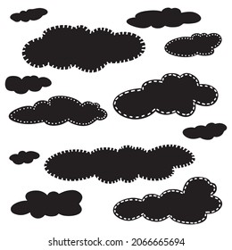 Set of vector hand drawn clouds. Cute silhouette clouds collection. Black clouds isolated on white background.