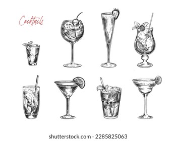 Set of vector hand drawn cocktails in sketch style.