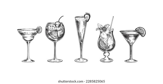 Set of vector hand drawn cocktails in sketch style.