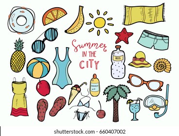 Set of vector hand drawn color summer doodles isolated on white background.