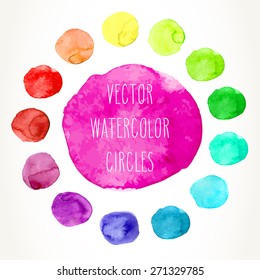 Set of vector hand drawn colorful watercolor circles, isolated over white.