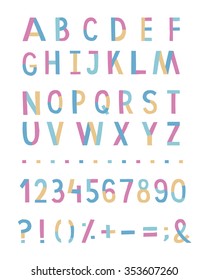 Set of vector hand drawn colorful alphabet with numbers and symbols