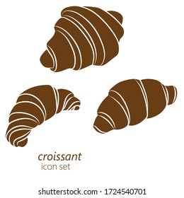 Set of vector hand drawn croissant icons, silhouette. Silhouette bakery croissant vector isolated on white background for design menu cafe,bistro, restaurant, label and packaging. Flat illustration.