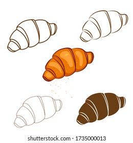 Set of vector hand drawn croissant icons, different styles. Outline, 
silhouette, cartoon bakery croissants isolated on white background for design menu cafe,bistro, restaurant, label and packagi