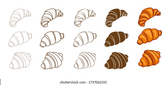 Set of vector hand drawn croissant icons, different styles. Outline, 
silhouette, cartoon bakery croissants isolated on white background for design menu cafe,bistro, restaurant, label and packaging.