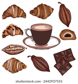 Set of vector hand drawn croissants, cacao beans,chocolate and mug