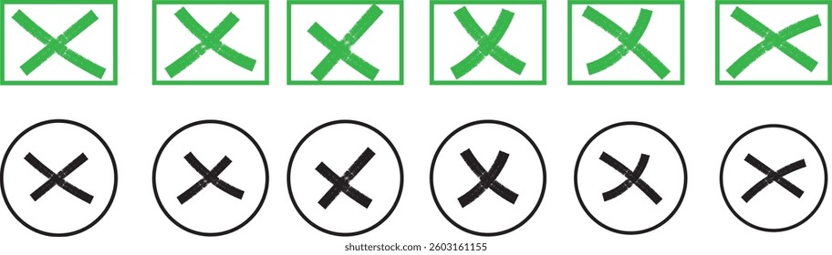  Set of Vector Hand Drawn Cross box Icon With Grunge Style. Green and black cross box, with cross mark isolated on white or transparent background..