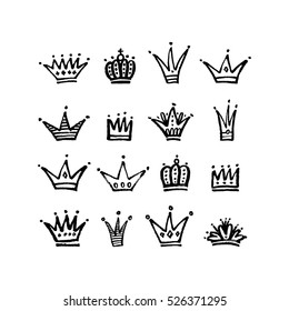 Set of vector hand drawn crowns with paint texture.