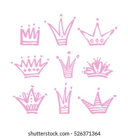 Set of vector hand drawn crowns with paint texture.