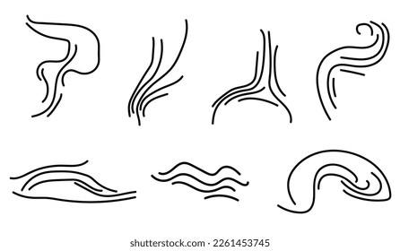 Set of vector hand drawn curved lines of different shapes and directions.