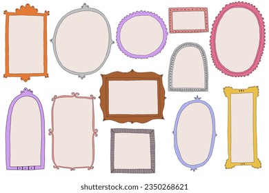 Set vector hand drawn decorative frame. Simple Naive isolated different border