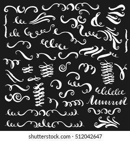 Set of vector hand drawn decorative elements. Curves, brush strokes, curls, swashes, flourishes for text and page design.