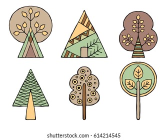 Set of vector hand drawn decorative stylized childish trees. Doodle style, graphic illustration. Ornamental cute hand drawing in brown, green colors. Series of doodle, cartoon, sketch illustrations.