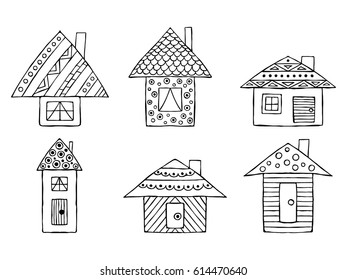 Set of vector hand drawn decorative stylized black and white childish houses. Doodle style, graphic illustration. Ornamental cute line drawing. Series of doodle, cartoon, sketch illustrations.
