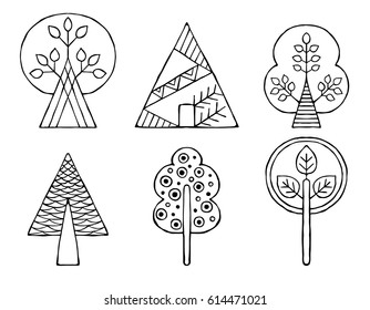 Set of vector hand drawn decorative stylized black and white childish trees. Doodle style, graphic illustration. Ornamental cute hand drawing. Line drawing. Series of doodle, cartoon, sketch
