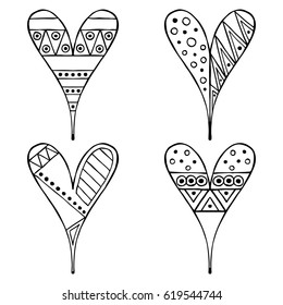 Set of vector hand drawn decorative stylized black and white childish hearts. Doodle style, graphic illustration. 