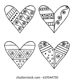 Set of vector hand drawn decorative stylized black and white childish hearts. Doodle style, graphic illustration.  