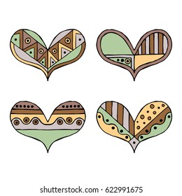 Set of vector hand drawn decorative stylized childish hearts. Doodle style, tribal graphic illustration. Ornamental cute hand drawing in vintage colors. Series of doodle, cartoon, sketch illustrations