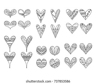 Set of vector hand drawn decorative stylized childish hearts. Doodle style, tribal graphic illustration. Ornamental cute hand drawing Series of doodle cartoon sketch illustrations