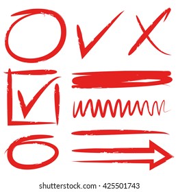 set of vector hand drawn design elements, arrows, check mark, underline marker