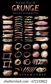 Set Of Vector Hand Drawn Design Elements. Collection Of Rose Gold Ink Brush Strokes, Circle, Frame.