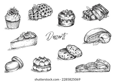 Set of vector hand drawn desserts in sketch style.