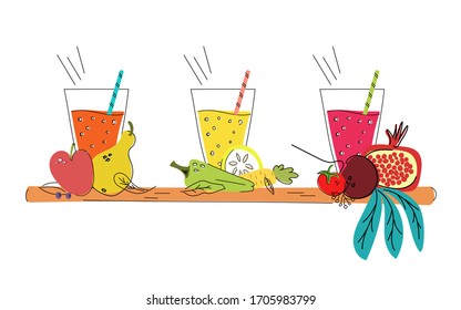 Set of vector hand drawn diet smoothies of vegetables and fruits on the table. Vegetarian juices. Pomegranate, carrot, apple, beetroot, pear, tomato, lemon, beet, pepper. Healthy lifestyle. Flat.