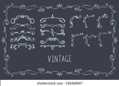 Set of vector hand drawn dividers, corners on black background. Vector frame with flourish elements.