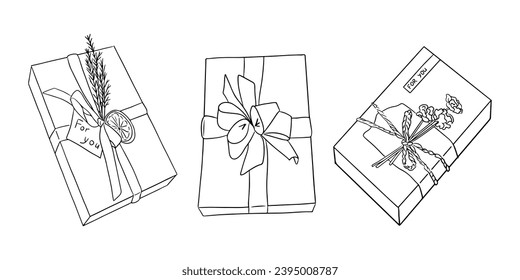 Set of vector hand drawn doodle gift boxes for holiday. Modern print design. Christmas, Valentines, birthday concept compositions. Perfect for tattoo, sticker, decoration, printout