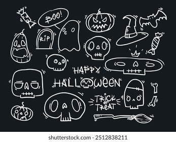 Conjunto de Vector dibujado a mano doodle línea de halloween arte pegatinas blancas sobre fondo negro. Sketch cráneo de miedo, sombrero de bruja, escoba, cara de calabaza, caramelo, tumba, lápida, murciélago, lindo fantasma, cabeza de zombi, máscara