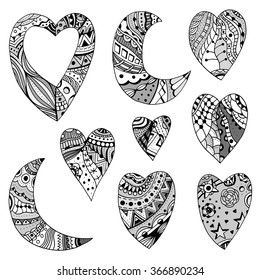 Set of vector hand drawn doodle ornate hearts and crescent decorated with abstract ornaments. Decorative elements for valentines day