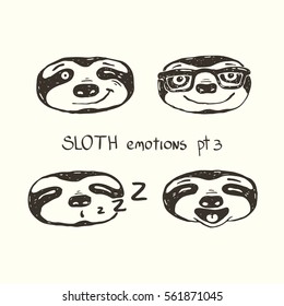 Set of vector hand drawn doodle faces of the sloth with different emotions