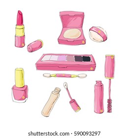 set of vector hand drawn doodle  makeup products for natural look: concealer, powder, eyeshadow, mascara, lipstick, nail polish. Isolated elements on white background.