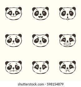 Set of vector hand drawn doodle faces of the panda with different emotions