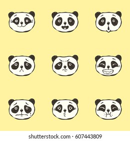 Set of vector hand drawn doodle faces of the panda with different emotions