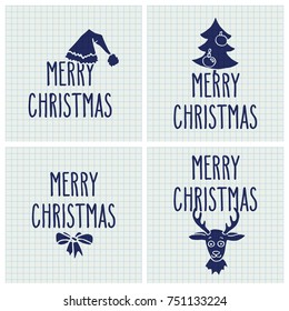 Set of vector hand drawn doodle greeting cards with Merry Christmas words over squared notebook sheet. 
