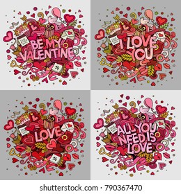 Set of vector hand drawn Doodle Happy Valentine's Day illustrations. Colorful detailed design backgrounds with objects and symbols. All objects are separated