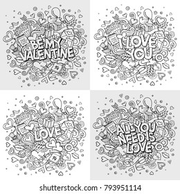 Set of vector hand drawn Doodle Happy Valentine's Day illustrations. Colorful detailed design backgrounds with objects and symbols. All objects are separated