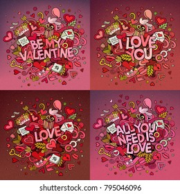 Set of vector hand drawn Doodle Happy Valentine's Day illustrations. Colorful detailed design backgrounds with objects and symbols. All objects are separated