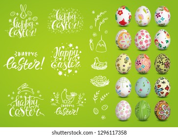 Set of vector hand drawn elements and realistic decorated 3d eggs. Bunny, cake, nest, willow. Modern calligraphy and brush lettering. Handwritten ink inscriptions Happy Easter. Green background.