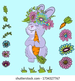 Set of vector hand drawn elements: rabbit with carrot, flowers, leafs