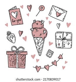 Set of vector hand drawn elements about love. Happy Valentine's Day background with pink