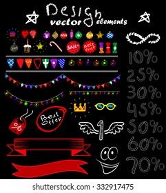 Set of vector hand drawn elements for consumerism design such as price tags, discount, garlands, ribbons, sale , christmas toys.... EPS File contains the brushes of garlands and rope.